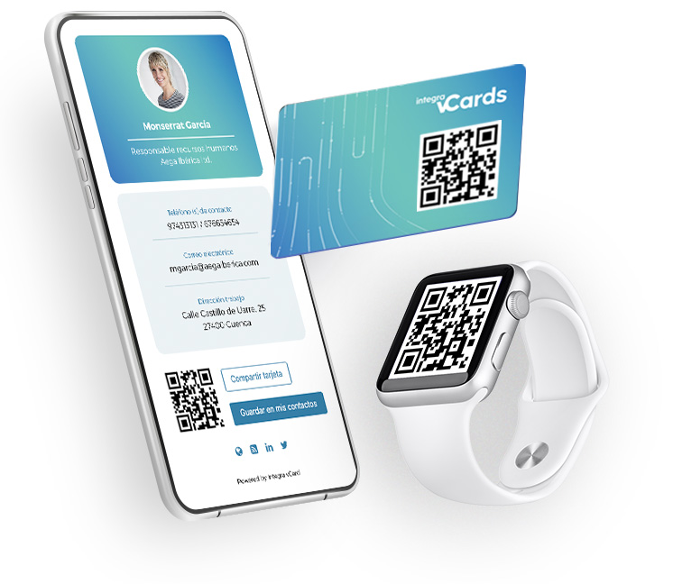 Mockup VCard con móvil, tarjeta QR y smartwatch